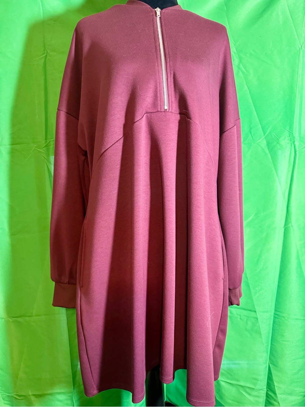 Scoop Long-Sleeve A-Line Half-Zip Dress in Wine